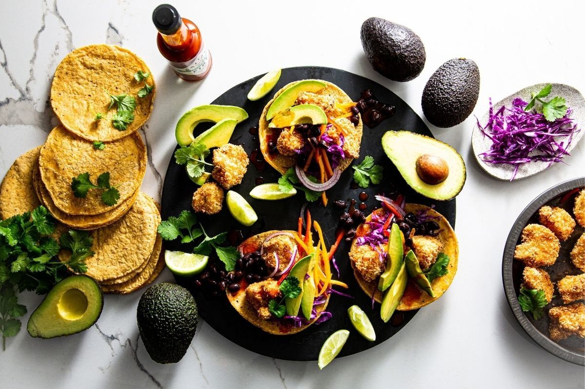 Avocado and crispy cauliflower tortillas with chilli black beans